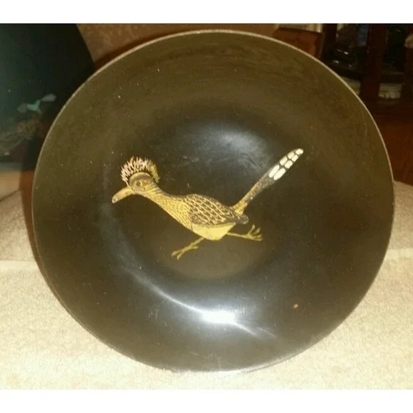 Couroc‎ Road Runner Bird Black plate / bowl 7 3/4 inches round