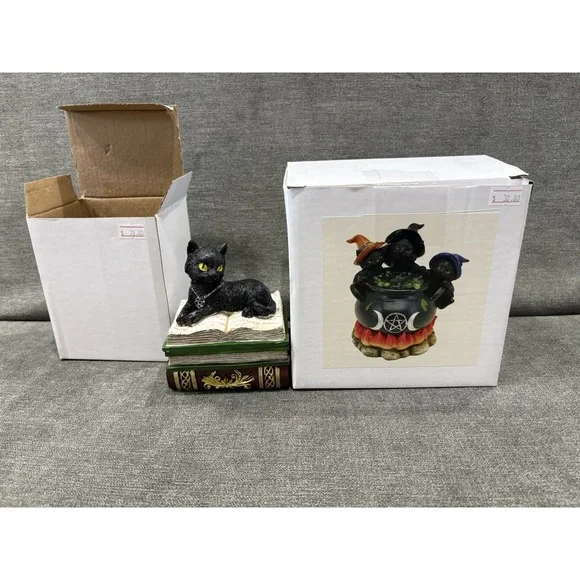 Witching Hour 3 Wiccan Kitten Cats Potion Triple‎ Moon Cauldron & Trinket Box