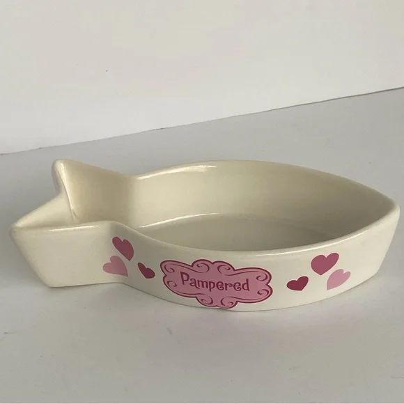 Cat Bowl Fish Shaped Ceramic “Pampered” White Pink. 8” Long Water Food Kitty