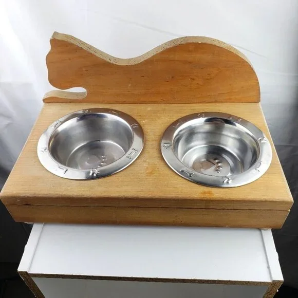 Wooden Elevated Pet Kitty Bowl Holder and Metal Bowls