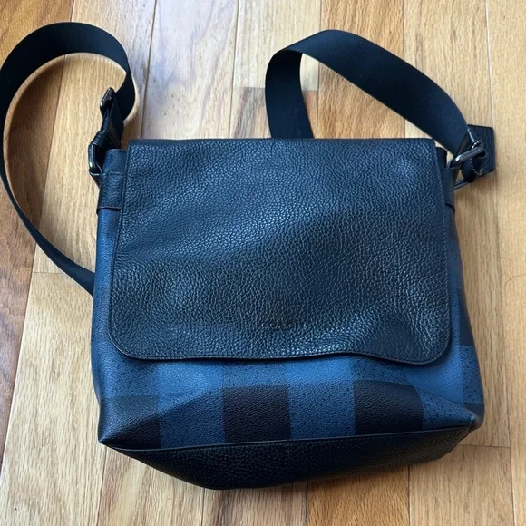 Coach Black and Navy Plaid Textured Leather Messenger Bag