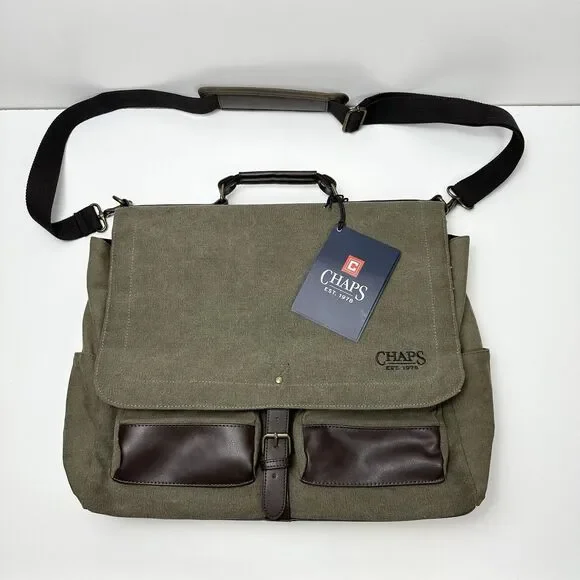 CHAPS Business Messenger Canvas Laptop Shoulder Bag Elmhurst Green Brown