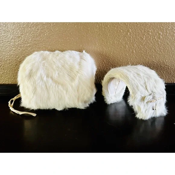 Vintage 1950s Japan Child's Rabbit Fur Hand Muff & Hat Set Winter Girls