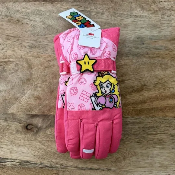 New: L/XL Girls Princess Peach Super Mario Ski Gloves