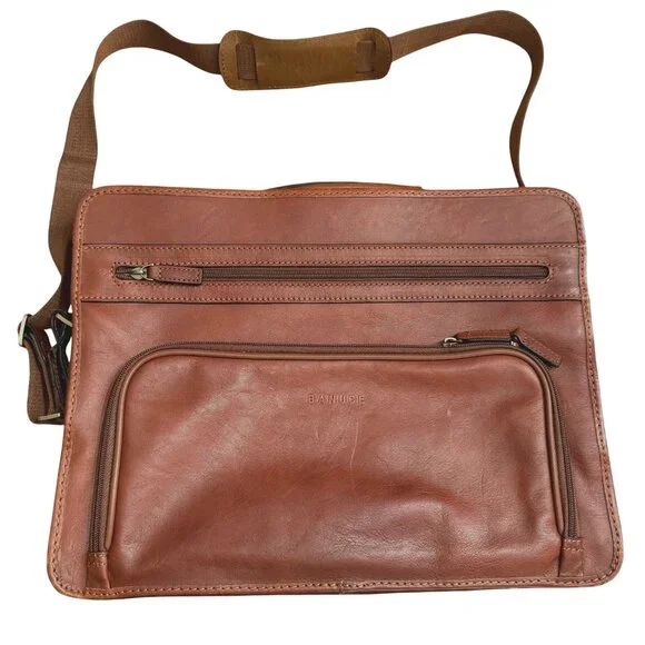 Banuce Brown Leather Messenger Bag With Adjustable Strap & Multiple Zippered Com