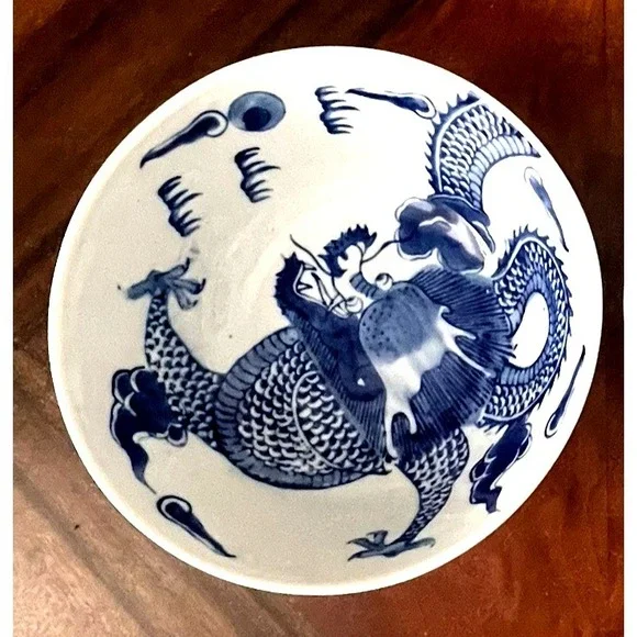 Vtg Chinese Blue & White Porcelain Dragon Bowl w/ Bottom Markings