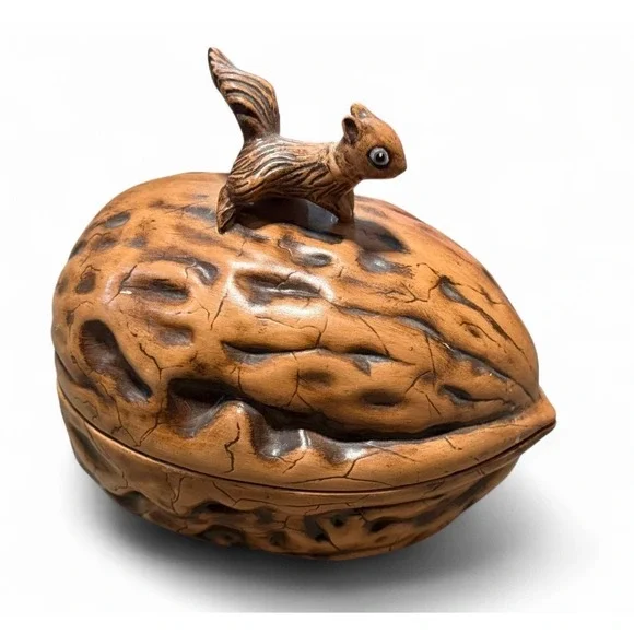 Vintage Walnut Squirrel Covered Dish Candy Nut Bowl Ceramic 1974 Signed