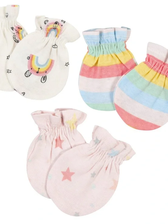 Gerber Baby Mittens 3-Pack - Rainbow, Pastel Stripes & Pink Star Prints