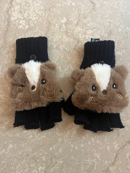 Zara Black Fingerless Convertible Mittens with Brown Plush Animal Faces