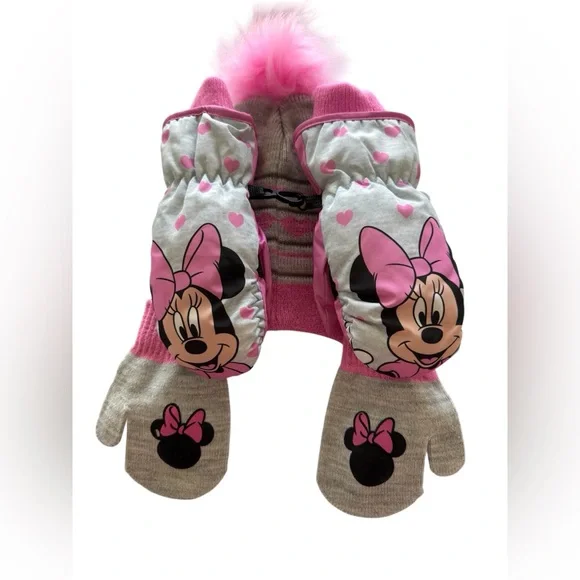 Disney Minnie Mouse Hat & Mittens Set - Pink and Gray - Girls