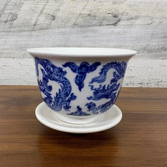 Vintage Chinese Blue Porcelain Dragon Bowl Cobalt‎ Blue with Base 3.5