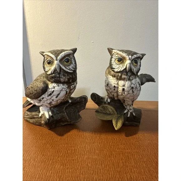 Pair of Vintage Homco Porcelain Great Horned Owl Figurines