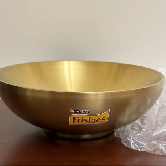 Purina Friskies Cat Feeding Food Bowl Dish Gold Aluminum New