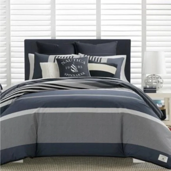 Nautica Rendon Cotton Grey Duvet Cover Set King New