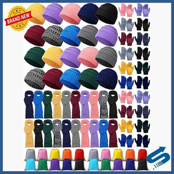 Kids Winter Hat Gloves Scarf Set for Ages 5-10, Knit Acrylic, 80 Pieces