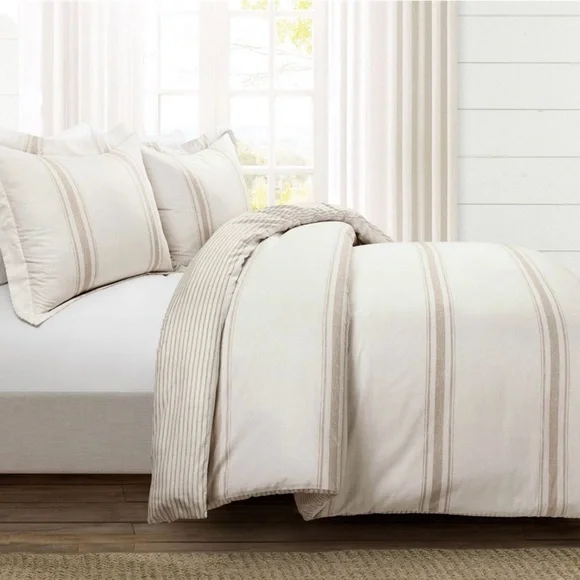 Lush Decor Farmhouse Stripe 3 Piece Duvet Cover Set Dark Grey Queen