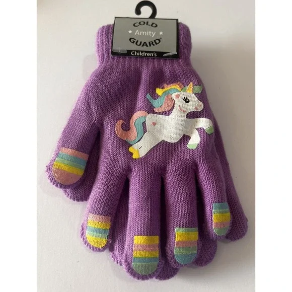 Amity Cold Guard Girls Unicorn Fashion Knit Gloves Purple Pastels 5.5