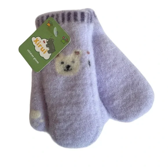 Kids Polar Bear Knit Mittens Purple Fuzzy Winter Gloves NWT