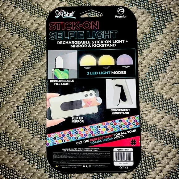NEW Rechargeable Stick On Selfie Light + Mirror and Kickstand Self Shot