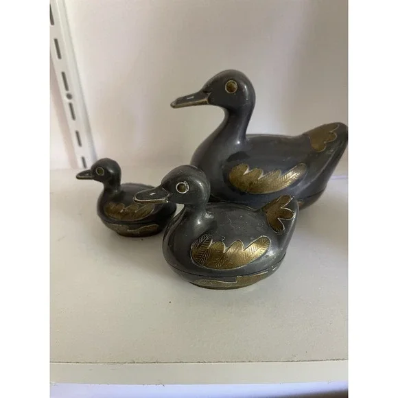 Vintage Solid Pewter and Brass Tin Duck Family Lidded Boxes - Set of 3 Hong Kon
