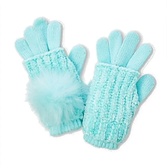 Justice Girls Aqua Chenille Pompom 2 in 1 Knit Gloves