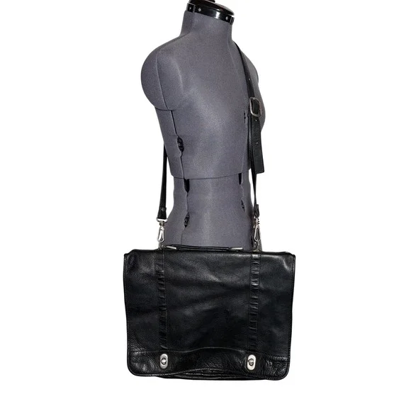 Vintage 90s Black Leather Messenger Unisex‎ Black Large Laptop Bag IMPERFECTIONS