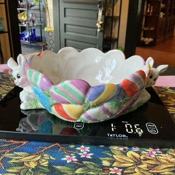 Vintage Fitz And Floyd Gathering Eggs Easter Candy Bowl 2 Bunny Rabbits