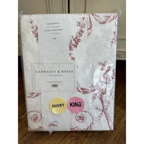 Cabbages & Roses King Duvet Set Floral Toile - Berry 100% Cotton NEW‎