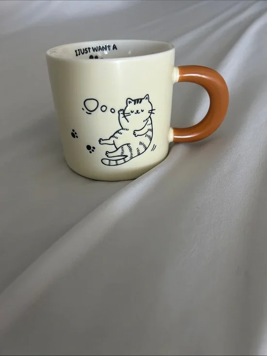 Cream Cat Print Ceramic Mug with Orange Handle