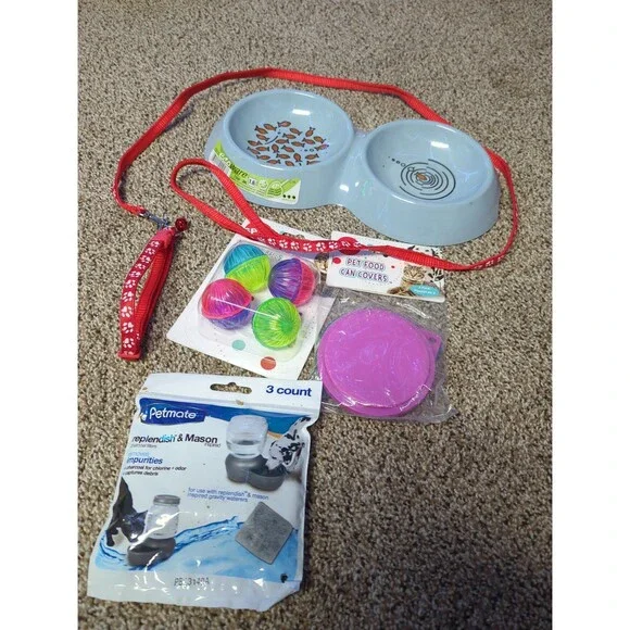 Lot of 5 Cat Supplies New or Like New - Dish, Collar, Leash, Ball Toys, Can Lids