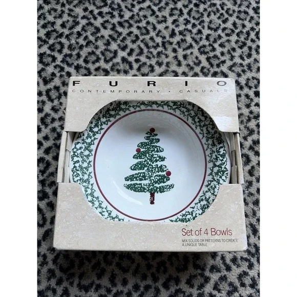 VTG Furio Sponge Christmas Tree Set of 4 Soup Bowls Green Red Band Italy 8