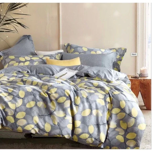 Floral Stitch Gray Yellow 100% Cotton Reversible‎ Duvet Cover Set Queen/Full