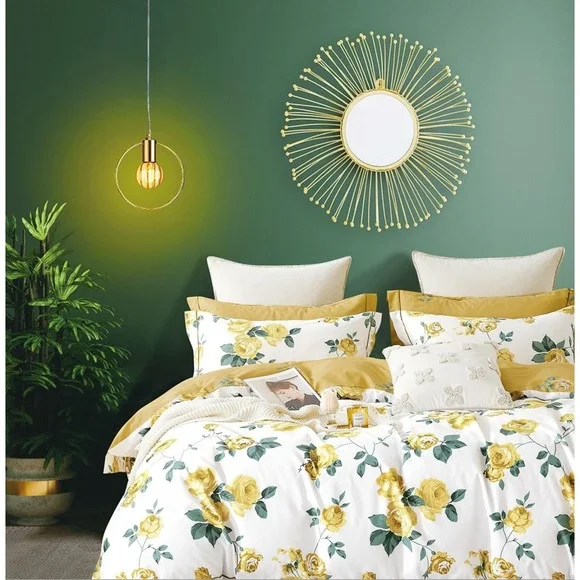 Anastasia Yellow Rose 100% Cotton Reversible Duvet‎ Cover Set Queen/Full
