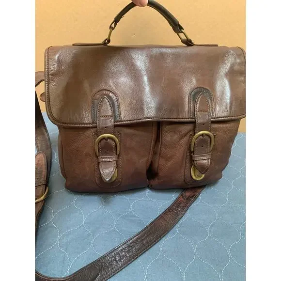 WILSONS LEATHER Large Vintage Unisex Distressed Top Handle DBL Pocket Msgr Bag