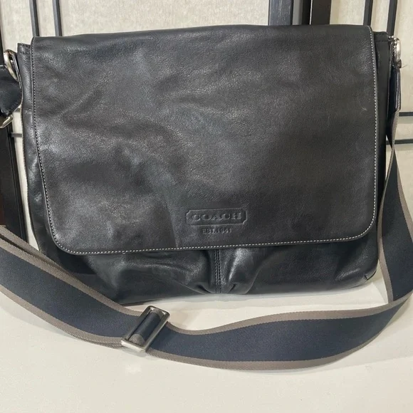 COACH Heritage Web Black Leather Messenger Bag #F70556