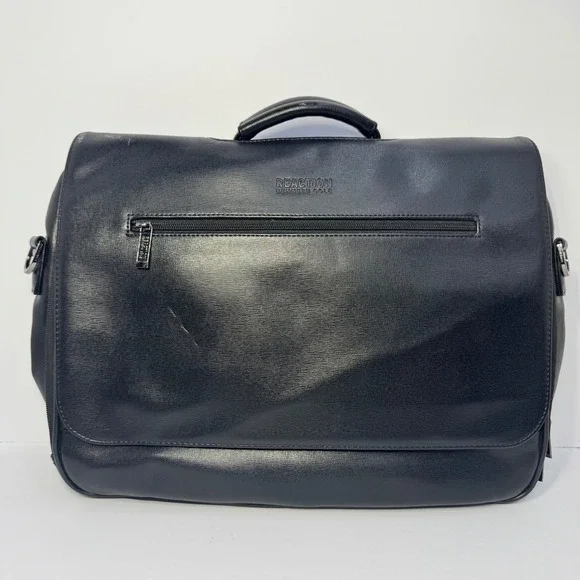 Kenneth Cole Reaction Mens Black Faux Leather Laptop Messenger Bag Briefcase