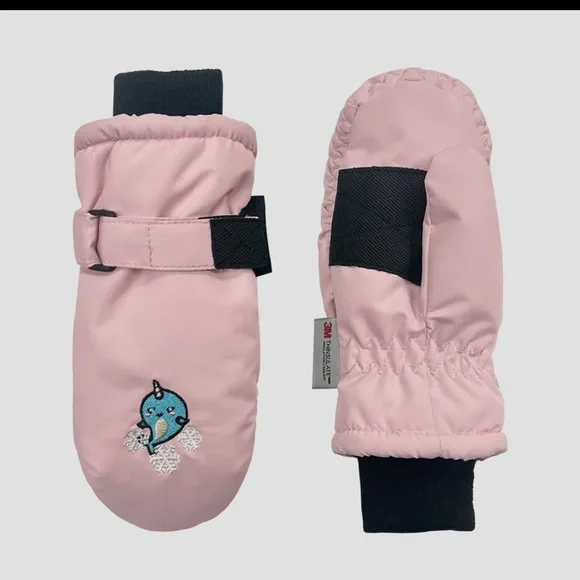 Pink Girls Embroidered Narwhal Tusser Ski Mitten sized 2-4 Water resistant