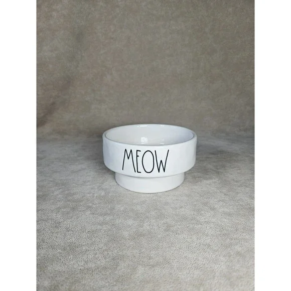 Rae Dunn MEOW White Ceramic Raised Cat Bowl Dish, Single Bowl, Raised Bowl