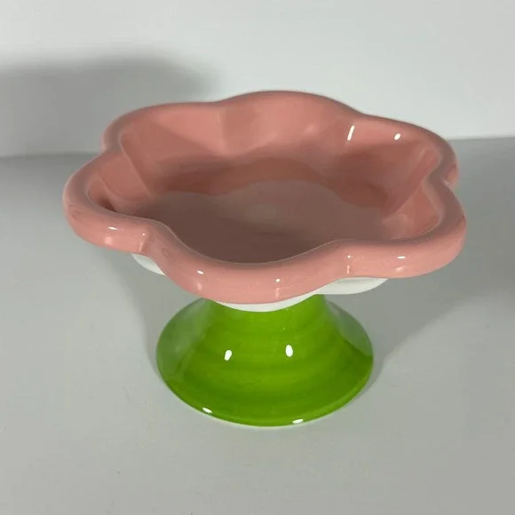 Pink Flower Ceramic Pedestal Dish Scalloped Scallop Bowl Green Stem Cat Bowl