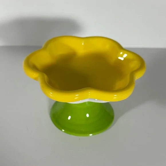 Yellow and Green Ceramic Flower Pedestal Bowl Scalloped Cat Dish Trinket Dish 6