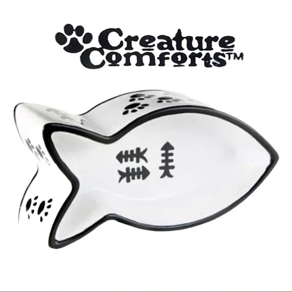 Black & White Ceramic Fish Shaped Cat Bowl