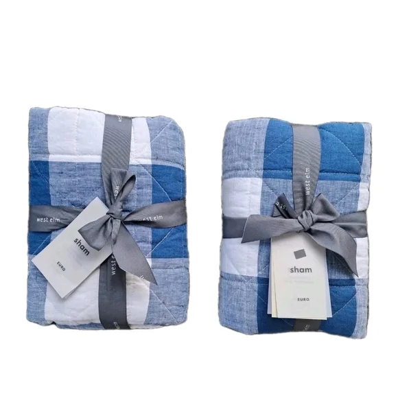 West Elm Heather Taylor Euro Sham Set of 2 26x26 Flax Linen Gingham Reversible