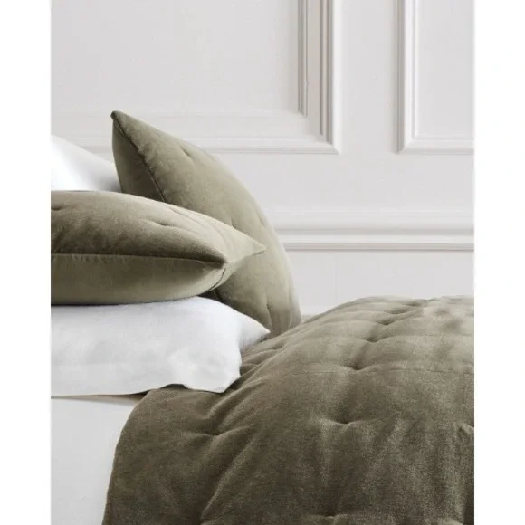 West Elm Cotton Velvet Pick Stitch Euro Sham Set Olive Green New