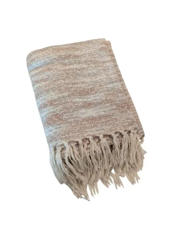 West Elm Cream Tan Soft Textured Throw Blanket Fringe Trim Cozy Warm