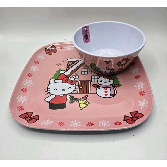 Hello Kitty Children's Melamine Christmas 2-pc Plate & Bowl Set NEW