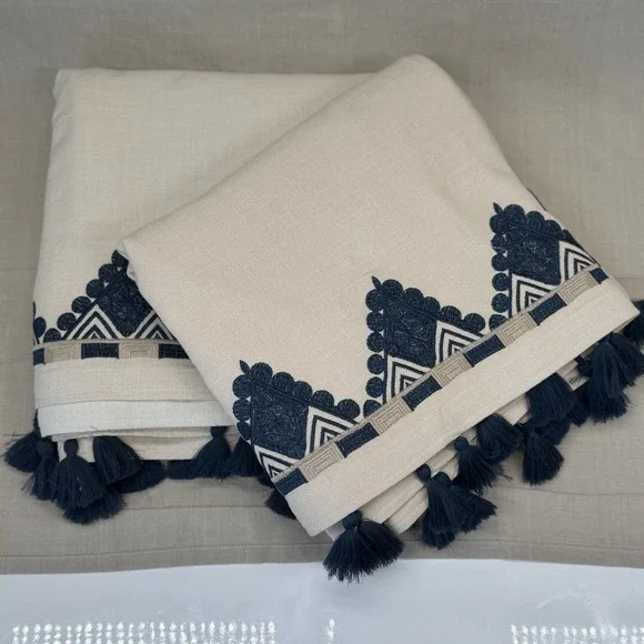 West Elm Linen Curtain Panels with Navy Embroidered Edge and Tassels (Set of 2)