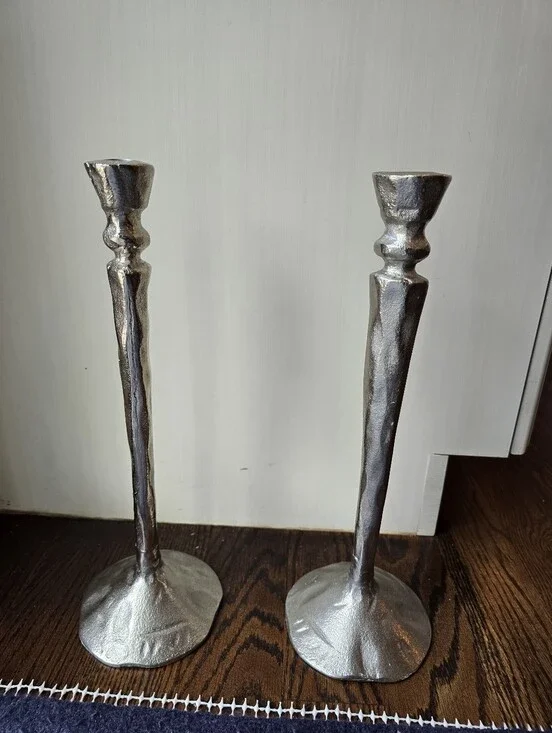 West Elm textured silver metal tapered candle stick holder Set Of 2