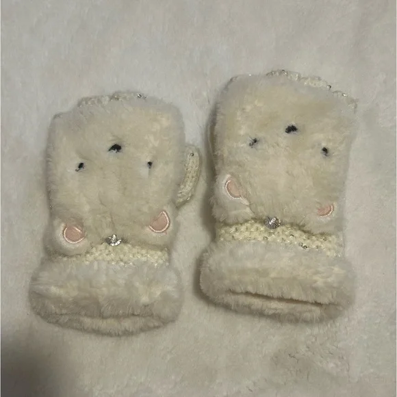 Kids Polar Bear White Sparkle Mittens Cute Design Dimond Open & Close No Damages