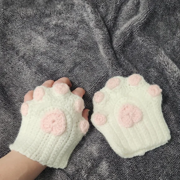 Cute Cat Paw Knit Fingerless Gloves for Teen - White & Pink