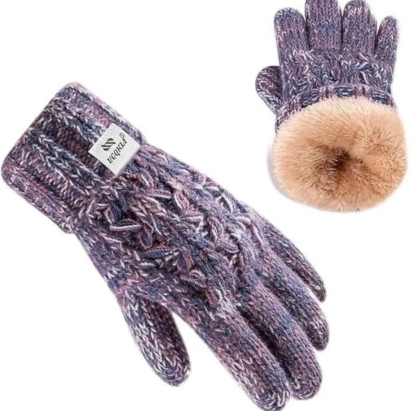 Winter Knit Gloves with Faux Fur Cuff - Purple and Tan